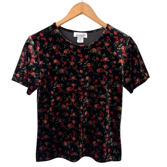 Agenda Black Red Floral Velvet Stretch Short Sleeve Top Sz S Vintage Made In USA - Picture 2 of 9